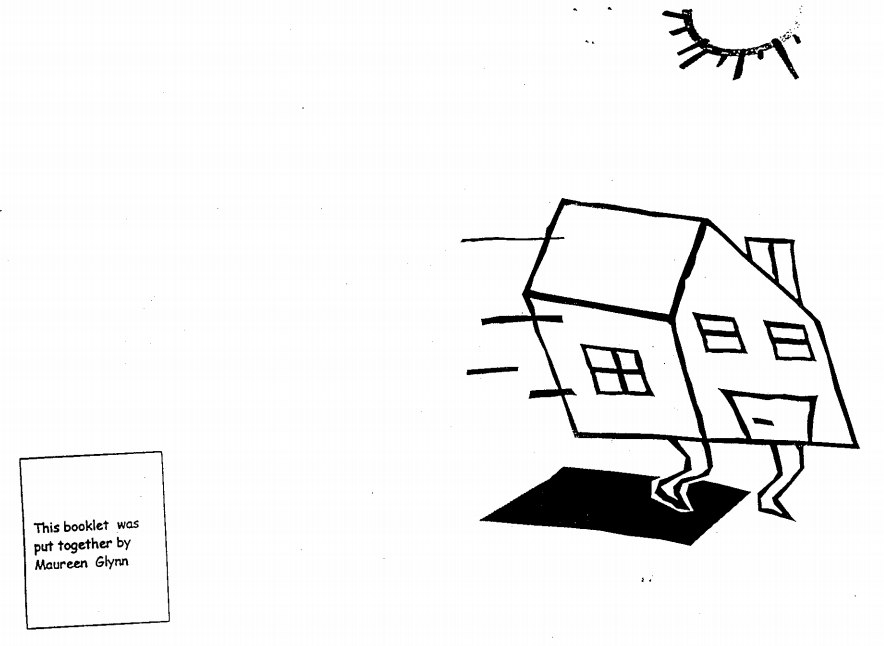 humorous cartoon hand drawn image of a house with legs dancing under the sun - with booklet credit to woman writer