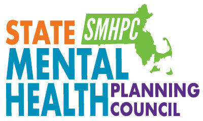 Logo for: State Mental Health Planning Council - in multicolored banner, with initials: SMHPC next to banner, in a green image of our state