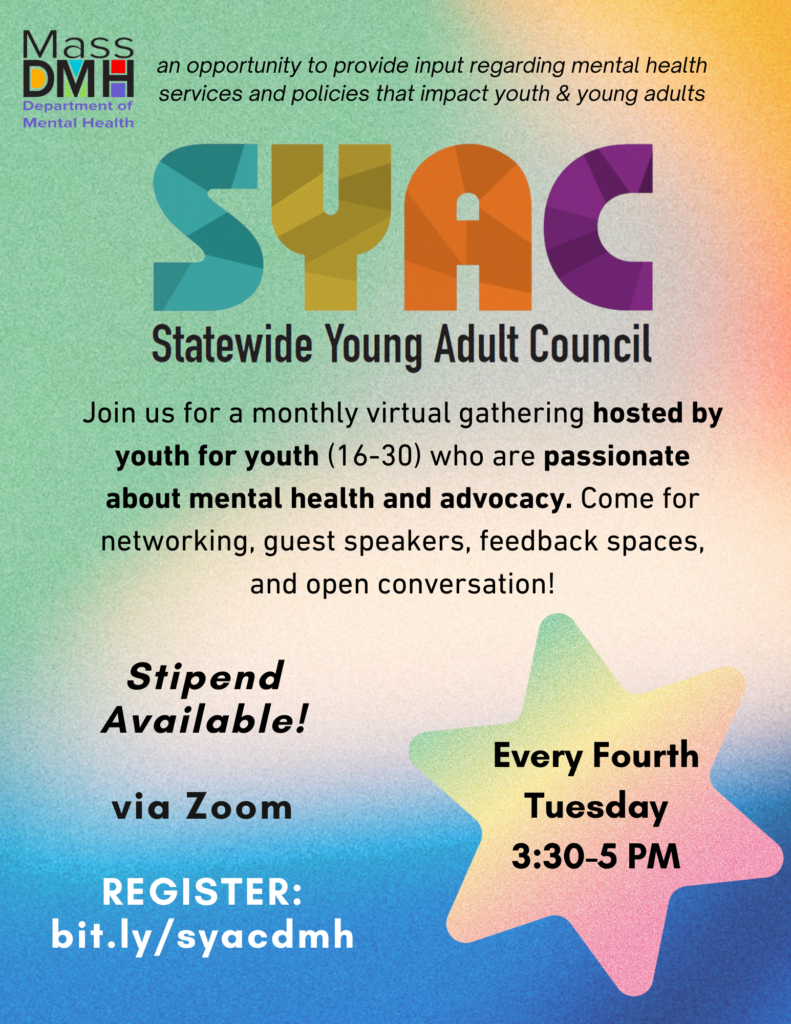 SYAC - Statewide Young Adult Council - multicolored flyer image with meetings info