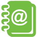 icon of a white @ with green address book background - a logo that indicates info