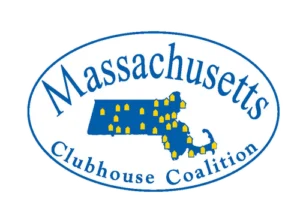 Massachusetts Clubhouse Coalition logo - blue and white oval - with image of the state with yellow indicators of where clubhouses are