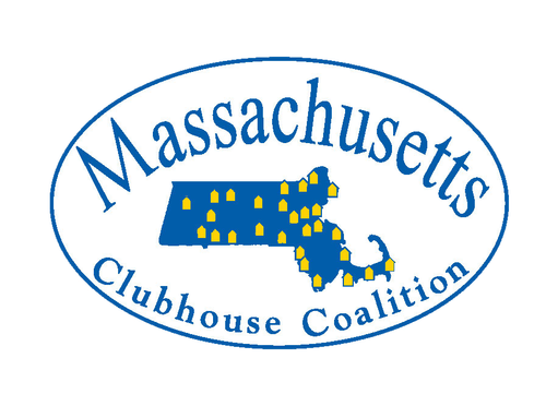Massachusetts Clubhouse Coalition logo - blue and white oval - with image of the state with yellow indicators of where clubhouses are
